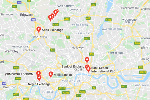 Some Irani Sarafi Currency Exchange Offices in North Hendon  & Down Town  London Finchley Road, UK, beside Manchester or Leeds