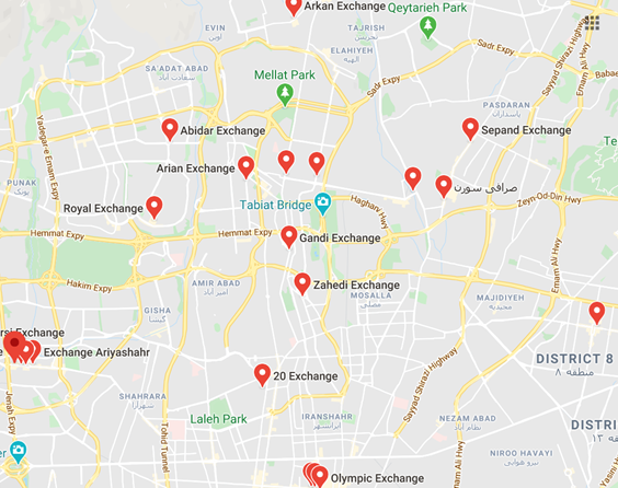 Location of Some Iranian Sarafi Exchange Offices in / dar Tehran which Buy / Sell US Canadian Dollar Euro British Pound Krone Arz Transfer Money Between Canada USA UK Europe & Iran